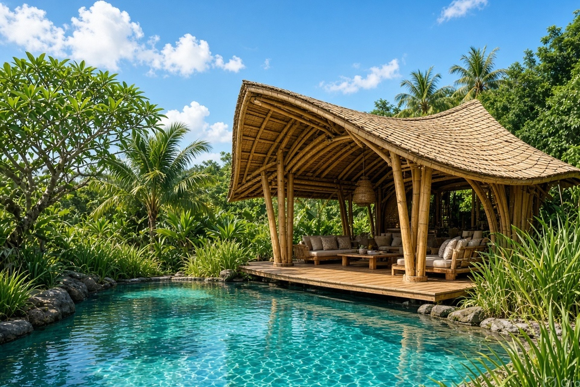 Designer bamboo cottage with pool in sunlight
