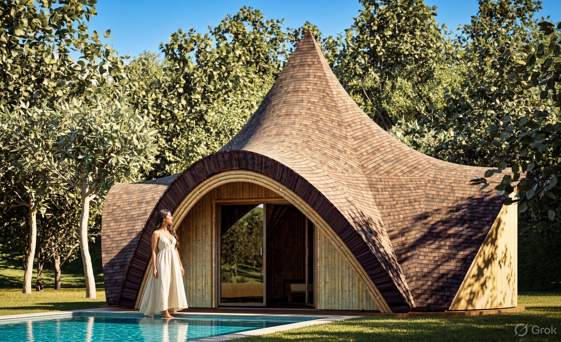Star-roof bamboo cottage with pool